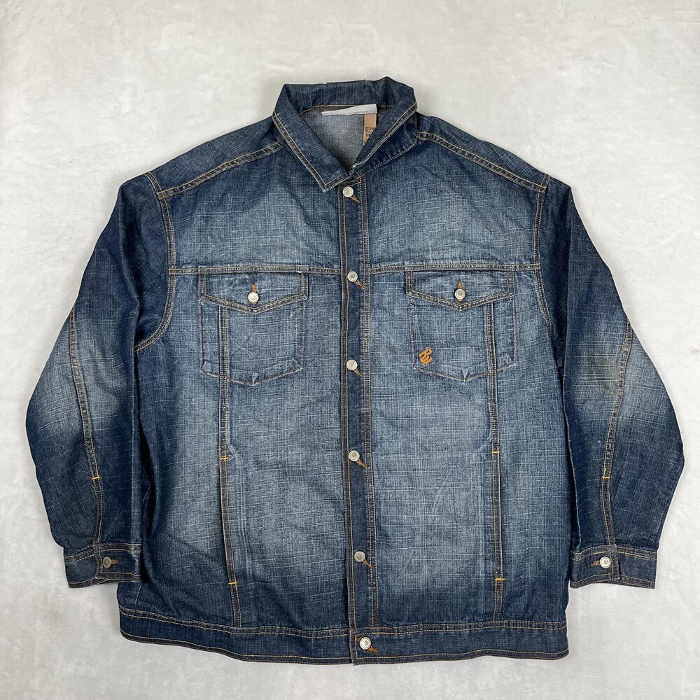 Vintage Rocawear Jacket Mens 2XL Blue Denim Varsity Hip Hop Button Y2K